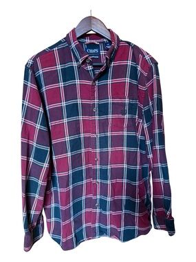 Chaps Men's Burgundy and Navy Plaid Button-Down Flannel Shirt. Size Large.